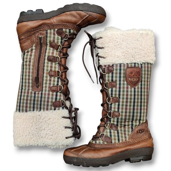 UGG Edmonton Tall Boots 3226 Green Plaid Brown Leather Sheepskin Shearling 7 - Picture 1 of 16